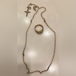 10K YELLOW GOLD MEN'S Ring, DIAMOND Chip SIZE 8. 20 In Gold Necklace With Cross